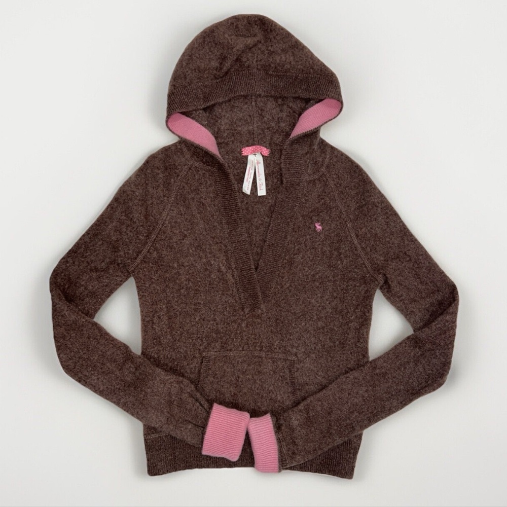 Abercrombie & Fitch Vintage Y2K 100% Cashmere Brown Pink Hooded V-Neck Sweater L